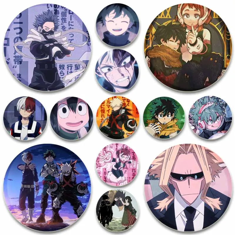 Hot Collections Anime Pins Midoriya Izuku Bakugou Katsuki Round Badge Todoroki Shoto Ochaco Uraraka Cartoon Brooches Accessorie