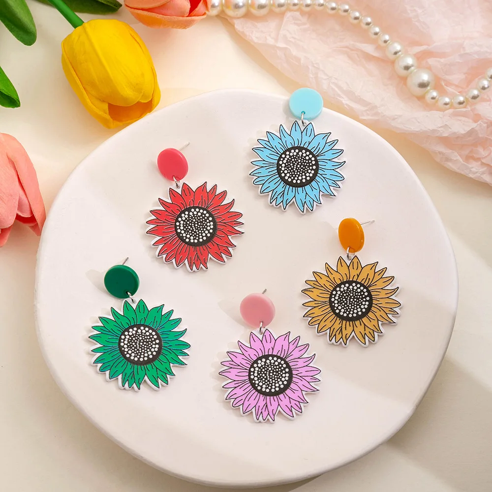 2024 New in Acrylic Sunflower Hanging Earrings for Women Korean Fashion High Quality Piercing Ear Jewelry Summer Daily Eardrop