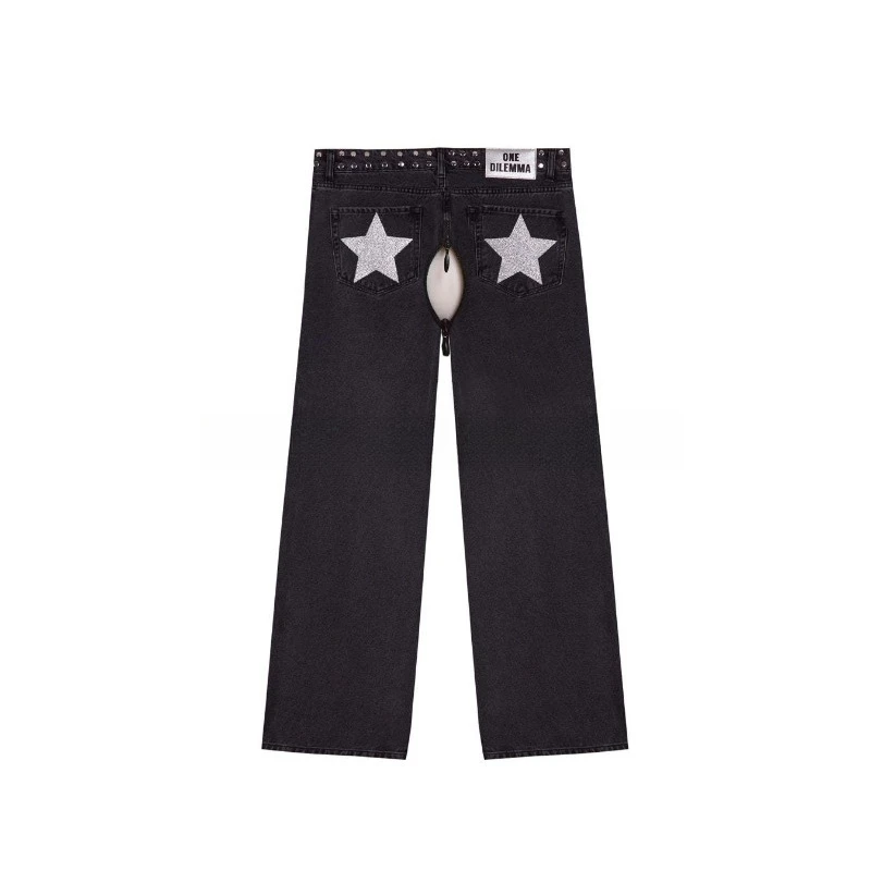 Celana wanita model terbuka seksi dengan kancing, gaya retro vintage Amerika, motif leopard dan patchwork bintang, potongan lurus longgar.