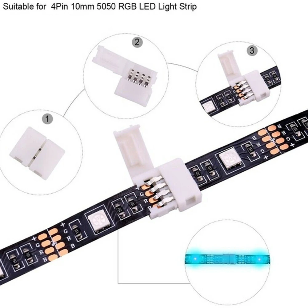 10 PCS 10mm 4-pin Solderless Clip-on Coupler Connector For 5050 RGB LED Strip Light Solder-free Buckle Connector