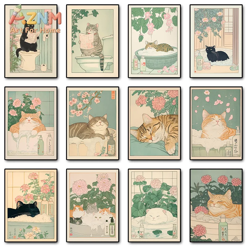 Japanese Tabby Cat in Bathtub Poster Prints Canvas Painting Retro Aesthetic Wall Art Picture Japandi Bathroom Toilet Home Decor