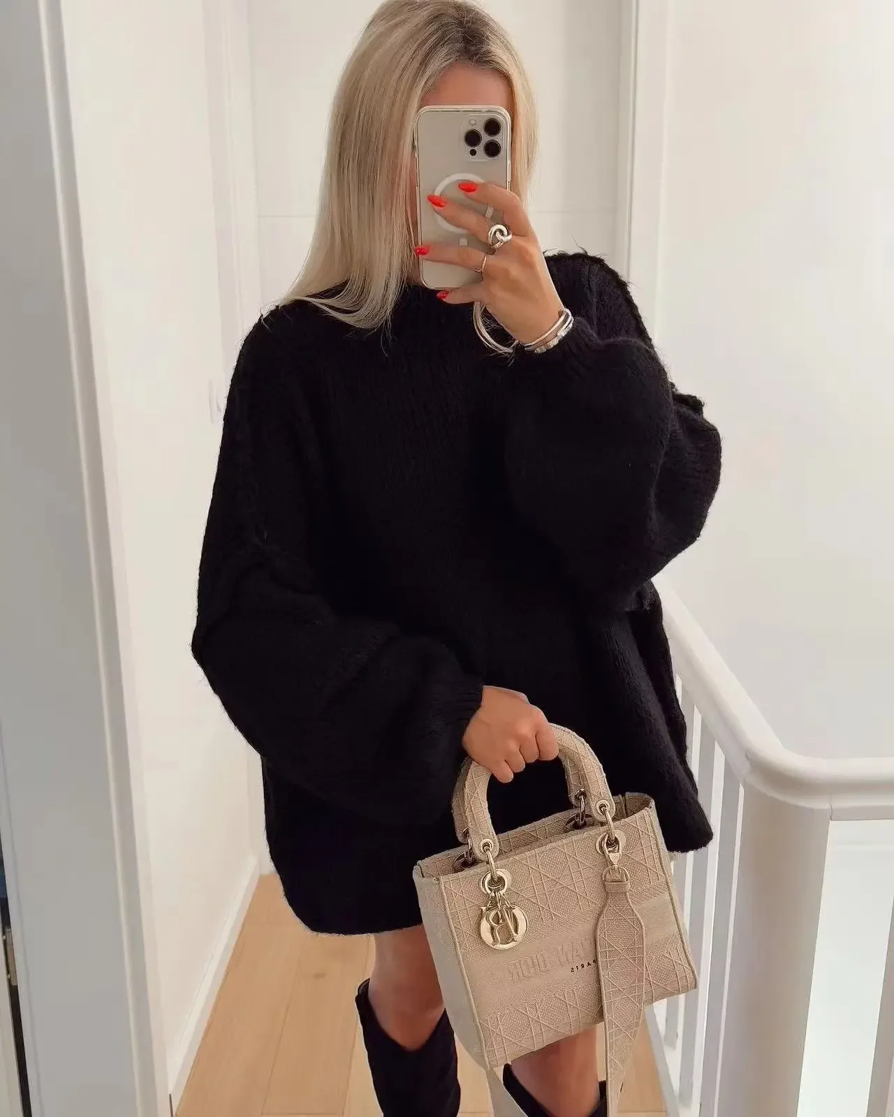 Women Loose Long Lantern Sleeve Pullover Elegant O-neck Thick Knitted Sweater 2023 Autumn Fashion Solid Casual Street Lady Top