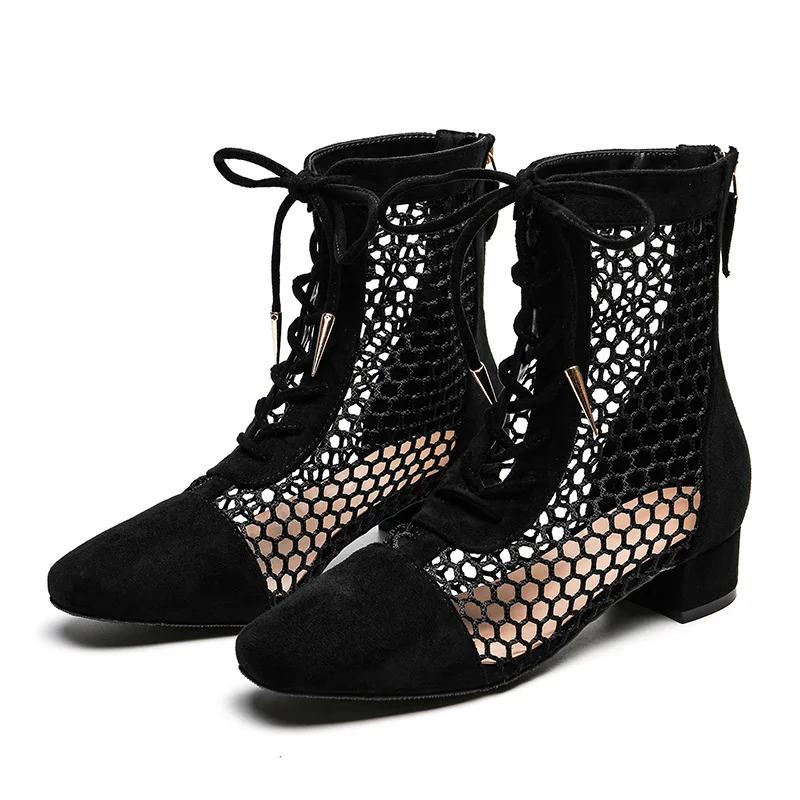 Hollow Out Women Summer Boots Mesh Gladiator Sandals Square Toe Low Heel Shoes Lace-up Ankle Botas Mujer Black Short Booties