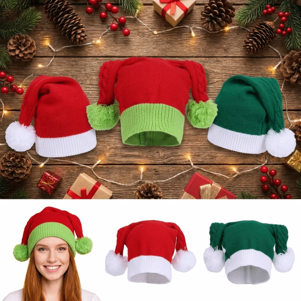 Knitted Fabric Knitted Santa Hat Stretchy Fit One Size Christmas Beanie Hat Crochet Design Winter Santa Hat Christmas Party