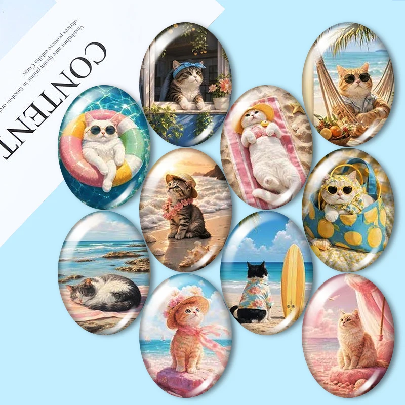 Summer Beach Cat  10pcs mixed 13x18mm/18x25mm/30x40mm Oval photo glass cabochon demo flat back Making findings