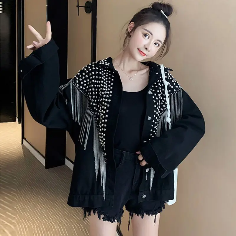 

Tassel Denim Jacket For Women Vintage Single Breasted Lapel Long Sleeve Jackets Fashion Female Streetwear Outerwear Jeans Coats