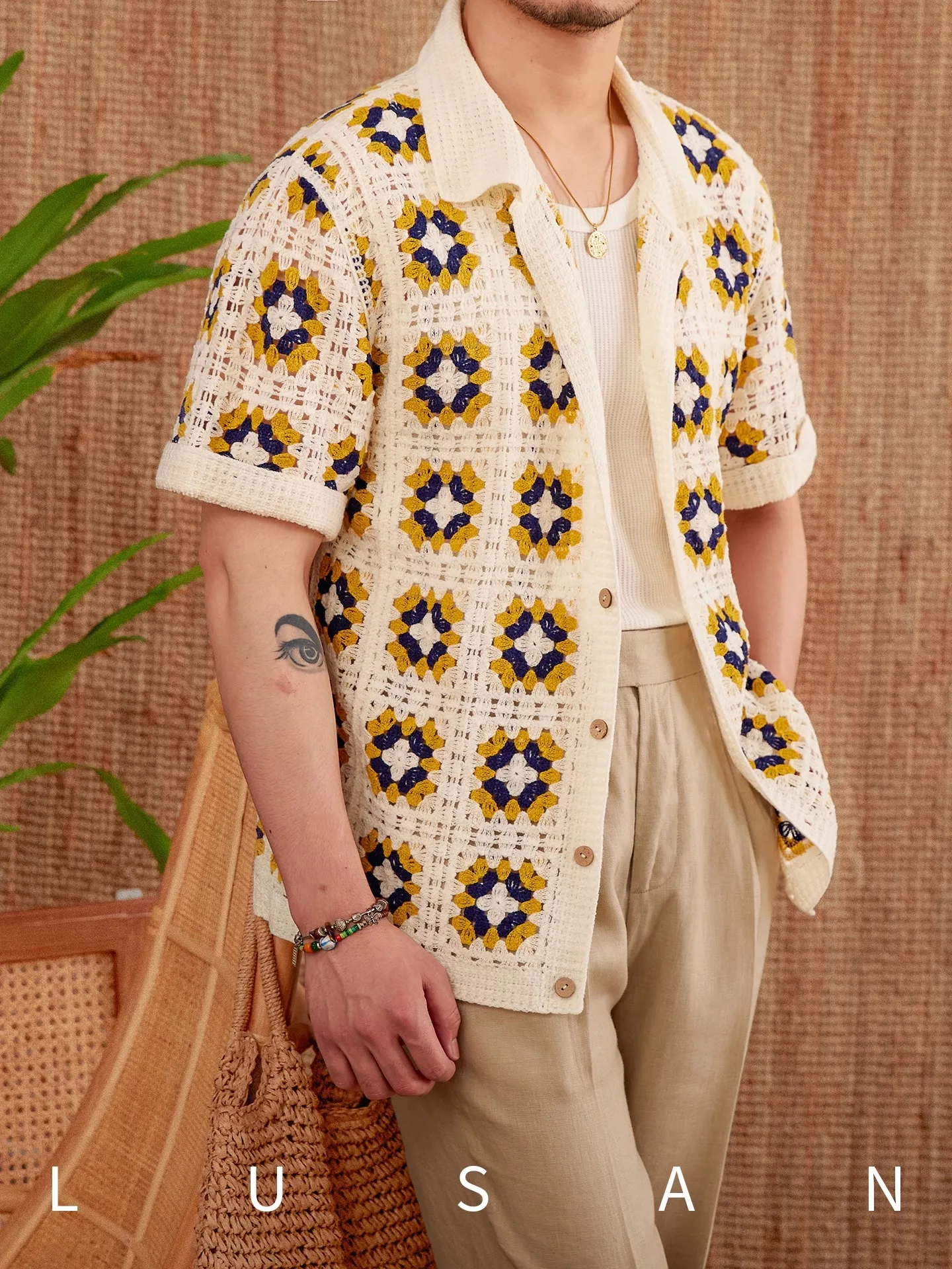 

Men's Floral Print Short Sleeve Shirt Summer Thin Breathable Openwork Casual Shirt Hook Collar Trendy Commuting Blouse Tops