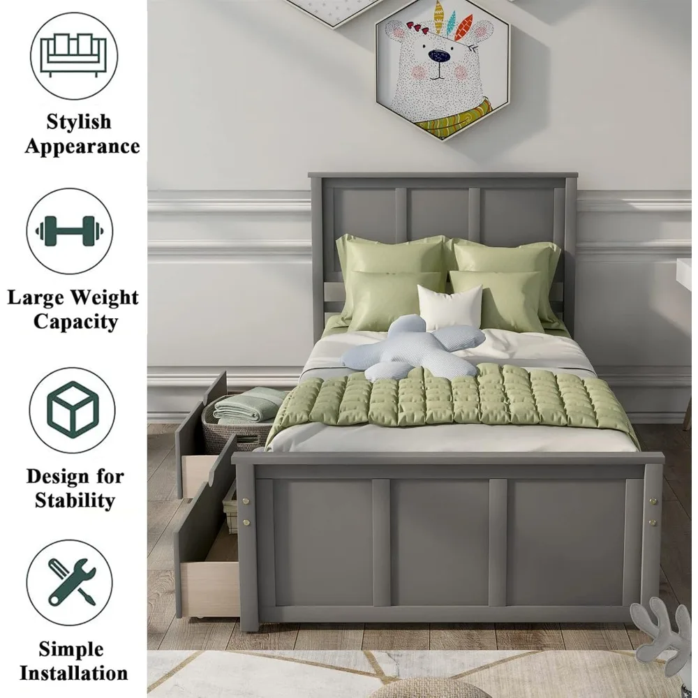 إطار سرير مزدوج بتصميمات Harper & Bright مع أدراج، سرير مزدوج بمنصة للأطفال مع مساحة تخزين، خشب متين، لا حاجة إلى صندوق زنبركي (رمادي) #3