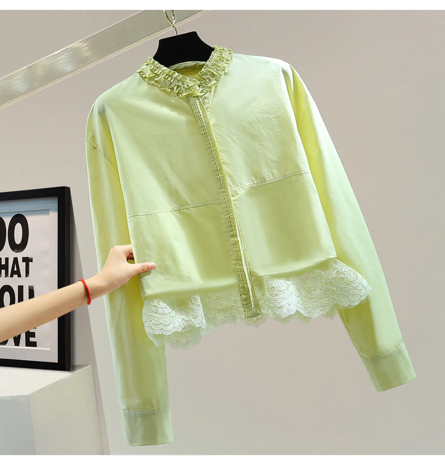 

Lace Patchwork Fake Two-piece Long Sleeves Shirt, 2026 Spring Slimming Look Pleated Ruffles Pure Color Casual Blouse Top