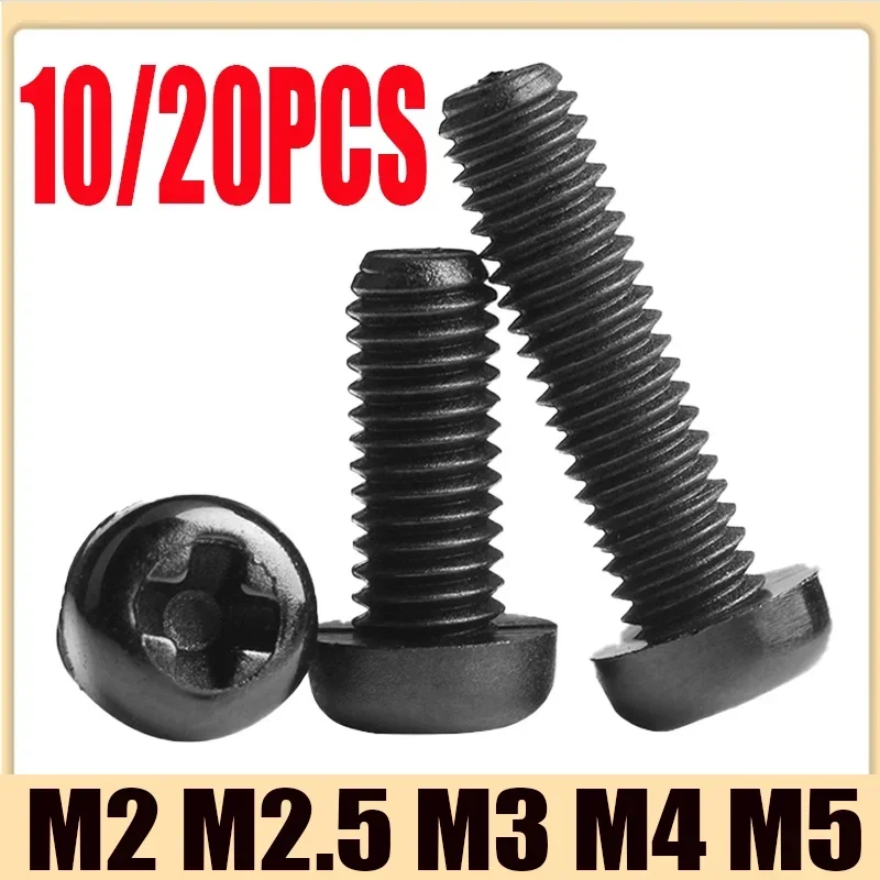 10pcs Nylon Plastic Phillips Pan Head Screws Black Round Cross Metric Threaded Screw Bolt Screw for Mentalworking M2/2.5/3/4/5