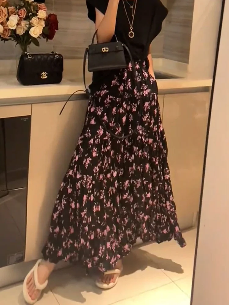 

Korean Sle Floral Vintage Draped f Skirt High Waist Elastic Long Skirt Faionable Gentle Summer New Arrival Women's Skirt