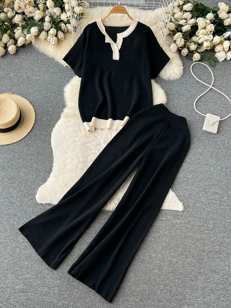 

Women Casual Tracksuit Summer Knit Pullover Sweater + Long Pants 2 Piece Sets Korean Casual Loose Outfits Knitted 2023 New Suits