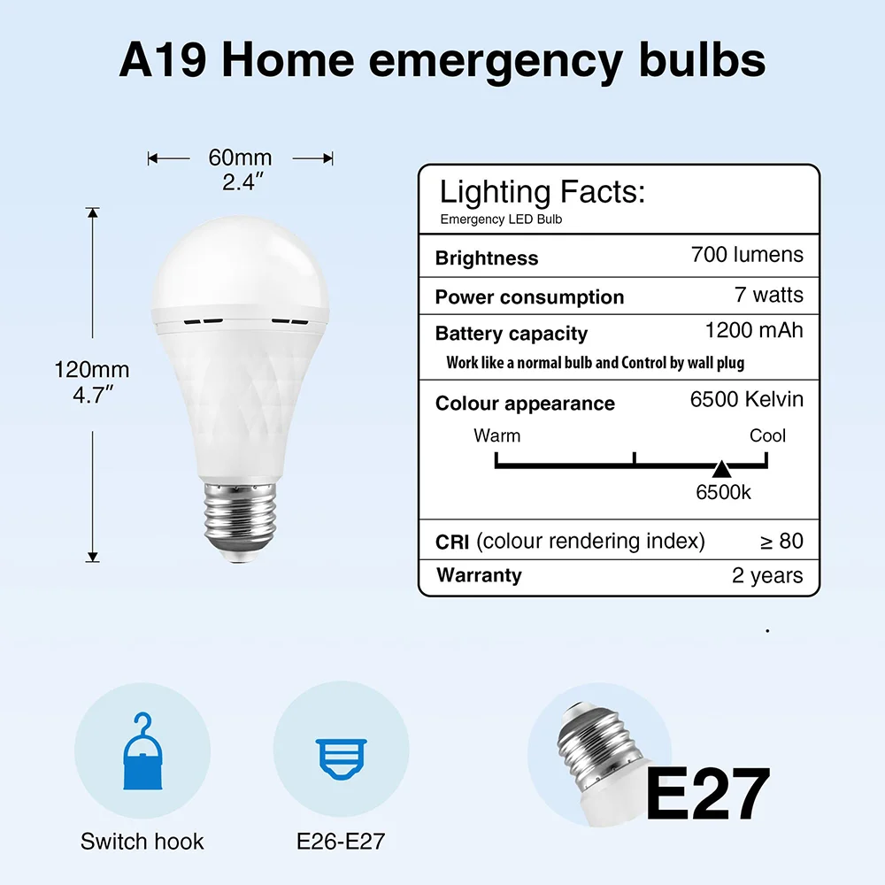 LED Rechargeable Emergency Bulb 18500 Battery 85- 265V Bulb Portable Spotlight Smart Home Courtyard Bedroom Emergency Light Bulb