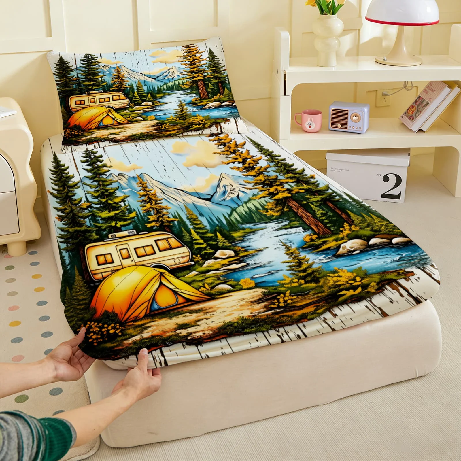 1pc RV Camping by Mountain River Print Fitted Sheet Deep Pocket Elastic Mattress Cover Single Double Queen King Bedroom Decor