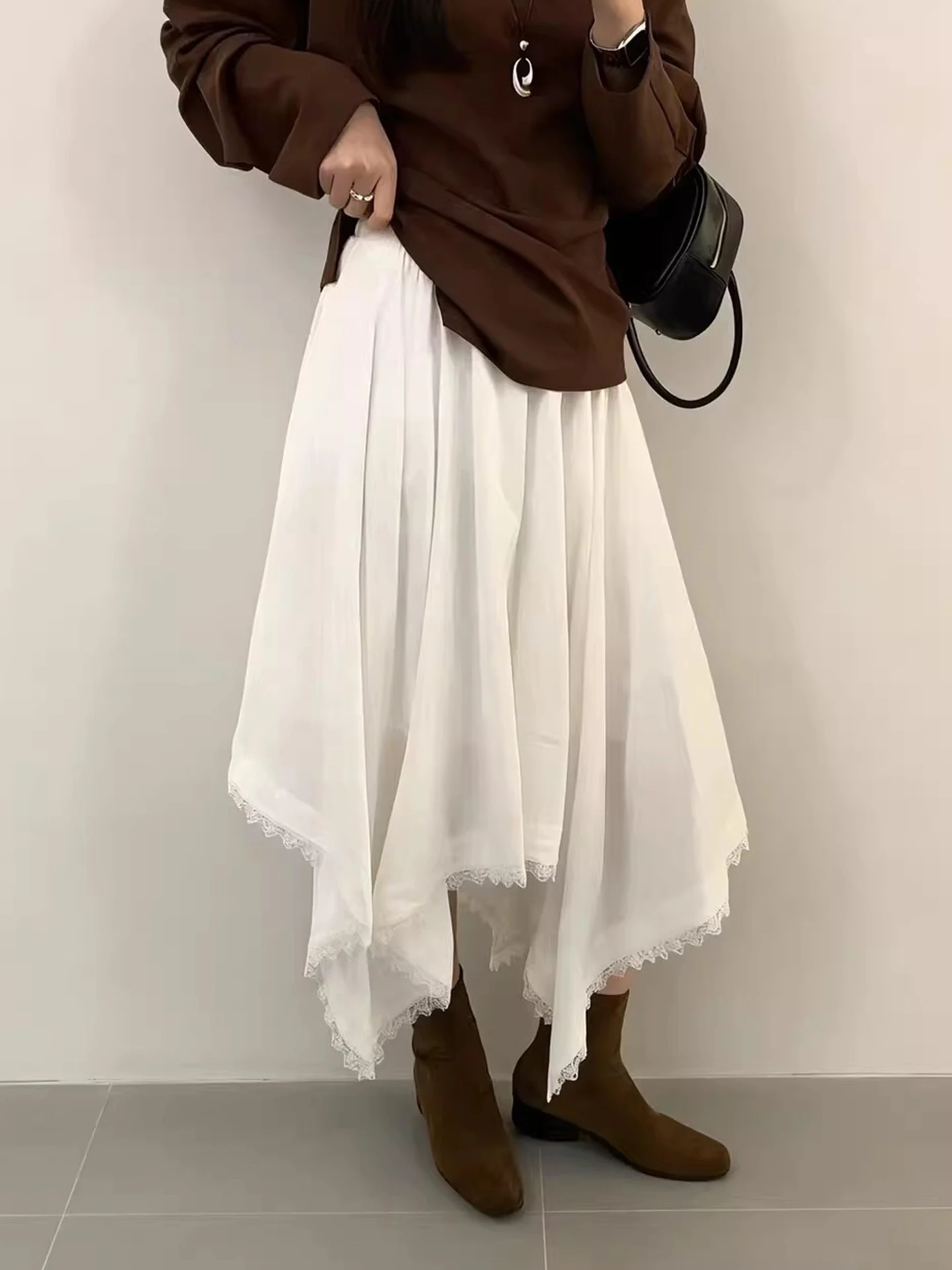 

Новая женская длинная юбка Liangliang Home Spring в корейском стиле с асимметричным подолом, кружевной отделкой и высокой талией, для повседневной носки