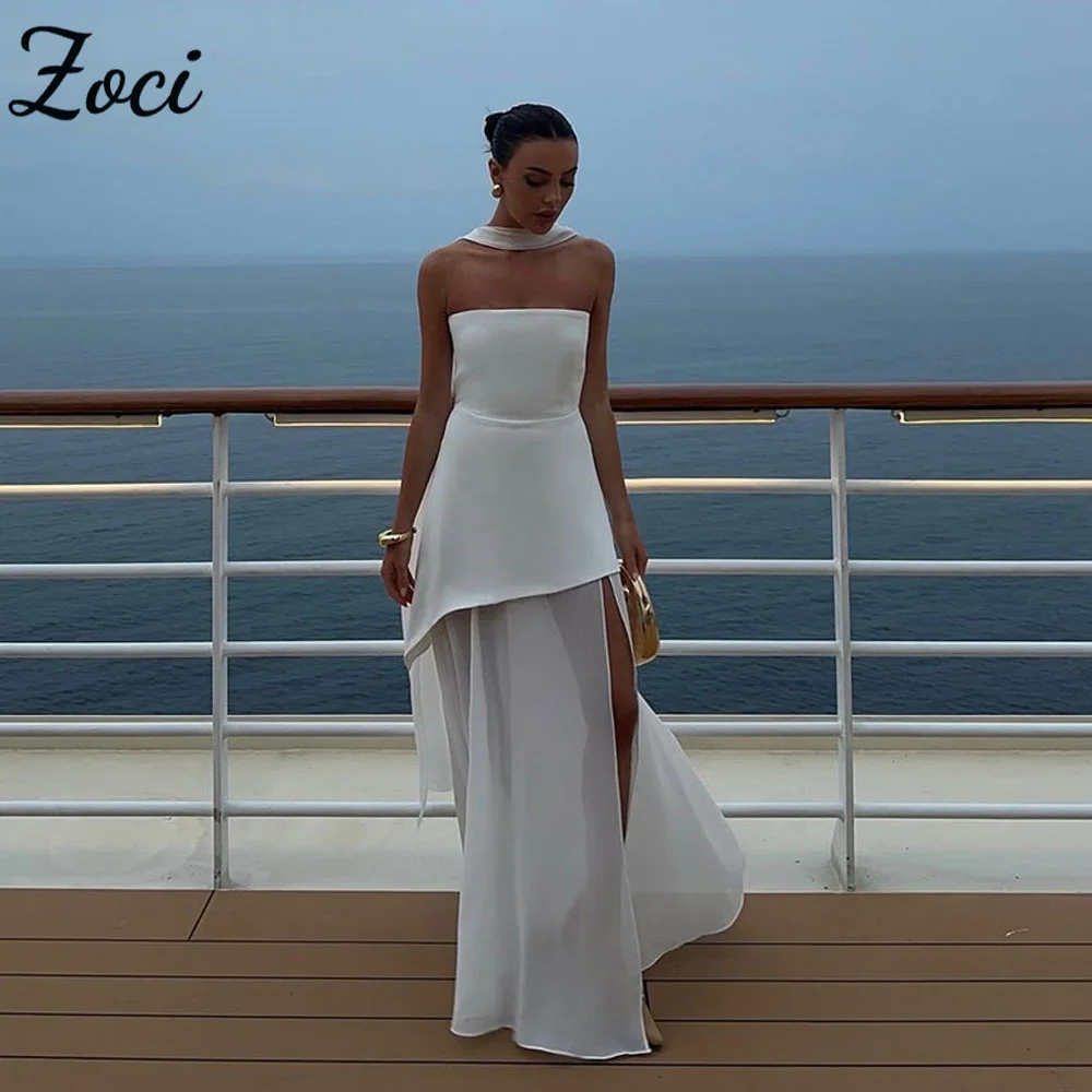 Zoci Strapless Beach A Line Wedding Dresses Sleeveless Chiffon Bride Dress Customized Sexy Backless High Side Split Bride Dress