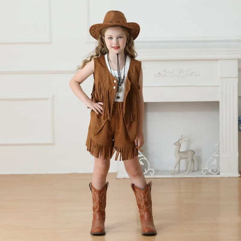 

Children's Carnival Tassel Vest Bohemian Style Return To Work Deer Skin Velvet Western Cowboy Shorts for Girls Hippies