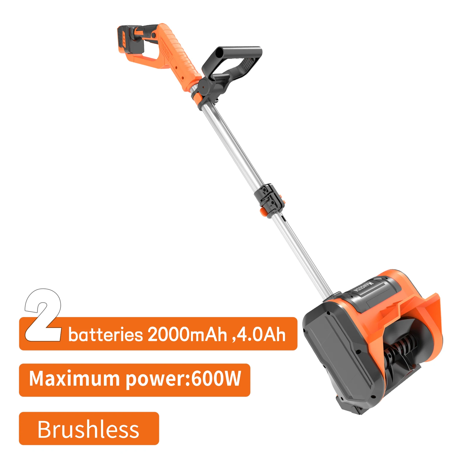 Snow blower for yard and road snow removal, with an output speed of 3000 rpm, equipped with two 4.0Ah batteries.