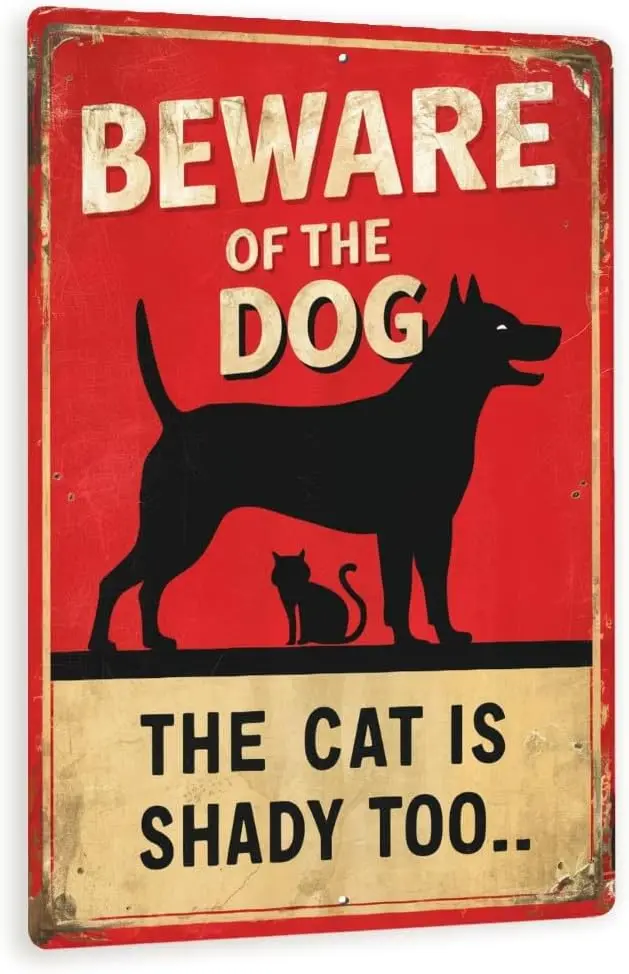 Vintage-Style Beware Of The Dog - The Cat Is Shady Too Metal Sign - Red Background With Black Silhouettes