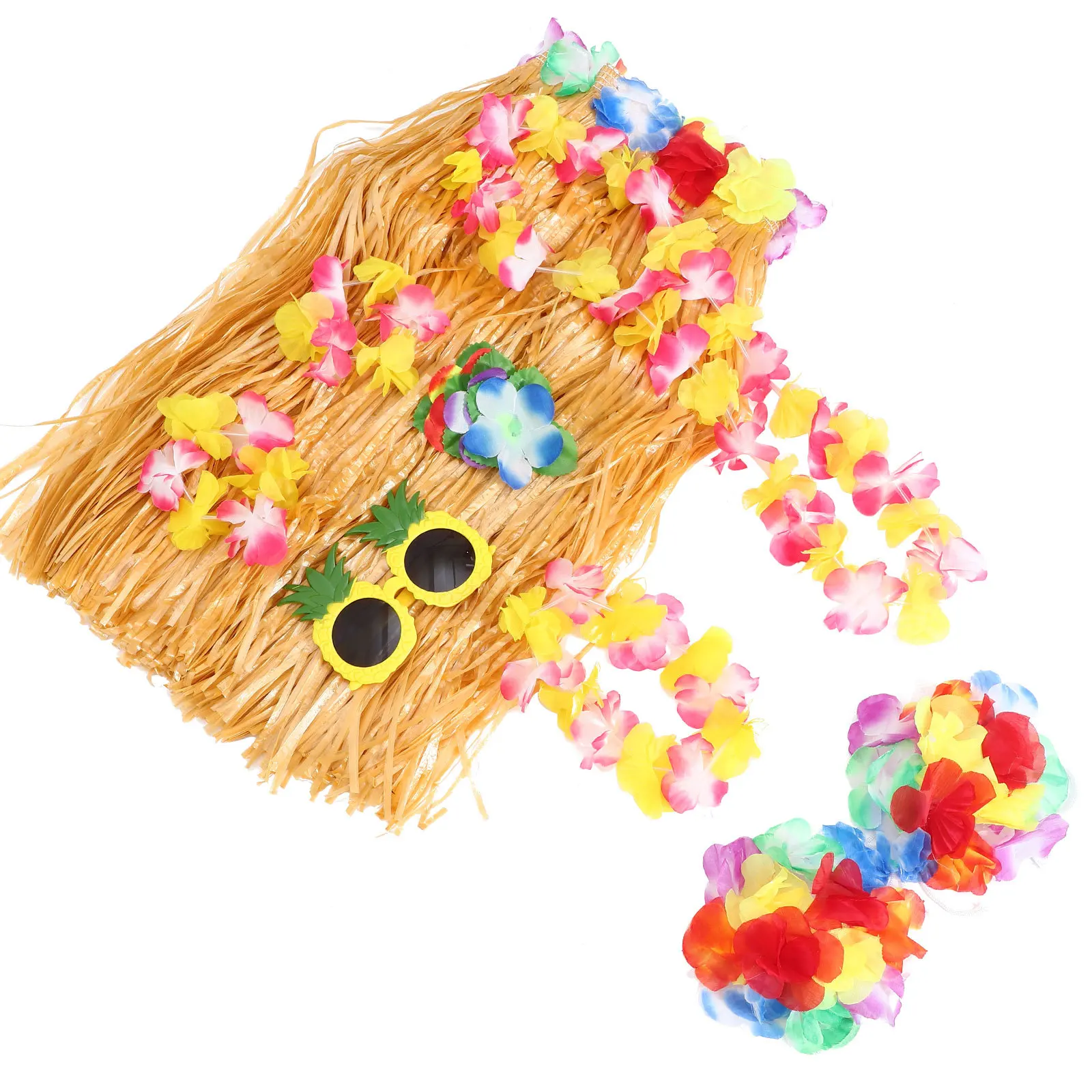 

1Set Hawaiian Party Lei Set Grass Skirt Hairpin Glasses Luau Party Decorations Summer Beach Event Hula Skirt Luau Sunglass