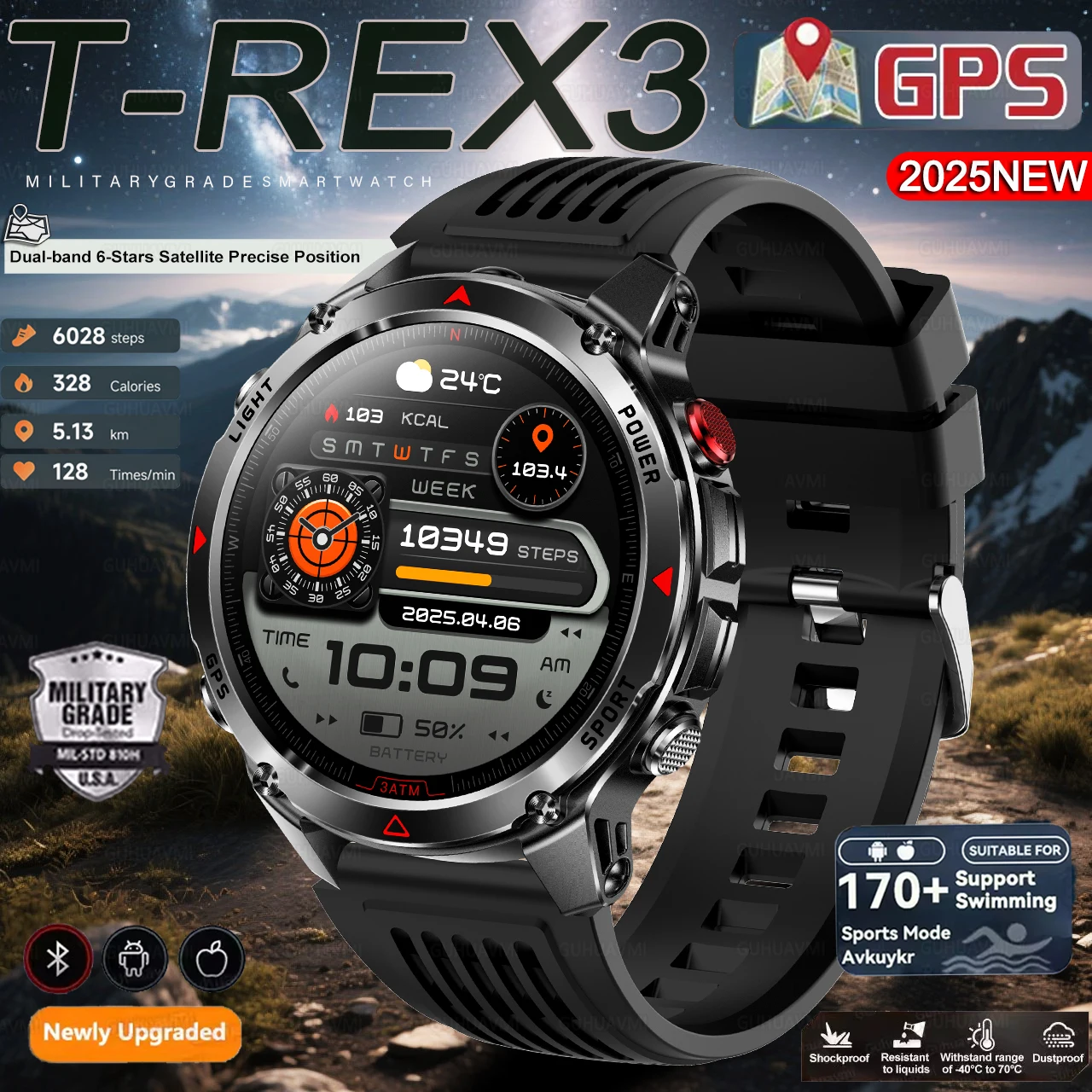 Новые смарт-часы T-Rex 3, спорт на открытом воздухе, GPS, трекер, компас, высотомер, 10 АТМ и IP69K, BT, светодиодная подсветка для вызова, умные часы для мужчин, аккумулятор 540 мАч