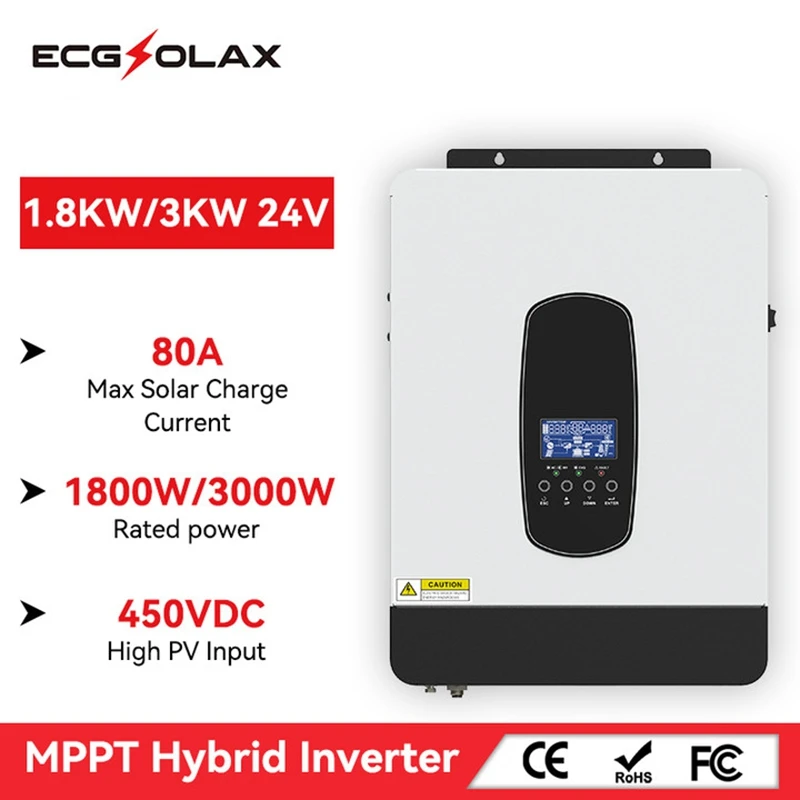 Inversor Hibrido Off Grid Ecgsolax Inversor Solar Híbrido Mppt Controlador de Carga Pura Onda Senoidal Inversor pv Max 450vdc 12v 24v 230v 80a 1.8kw 3kw Inversor Híbrido