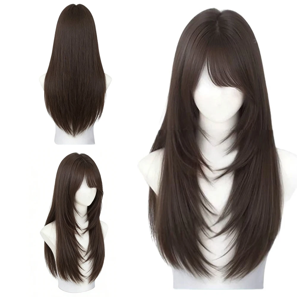 

55cm Brown Black Long Straight Layered Wig With Air Bangs High Temperature Resistant Synthetic Fiber Wig For Women Daily Cosplay