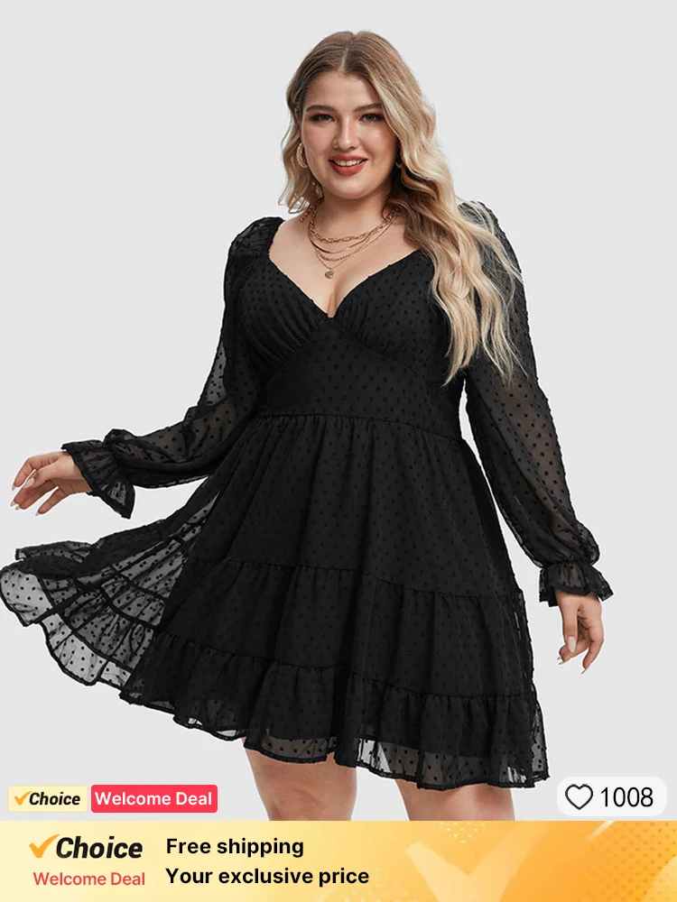 

Plus Sized Clothing 2024 New Summer Black Women's Elegant Dress V Neck Swiss Dot Print Ruffles Flounce Sleeve Ruffle Hem Dress