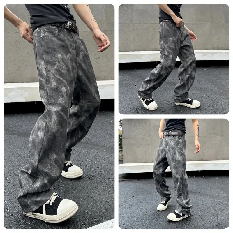 Streetwear New high-end tide Korean loose straight men's jeans personality nostalgia phantom gray pants cargo men