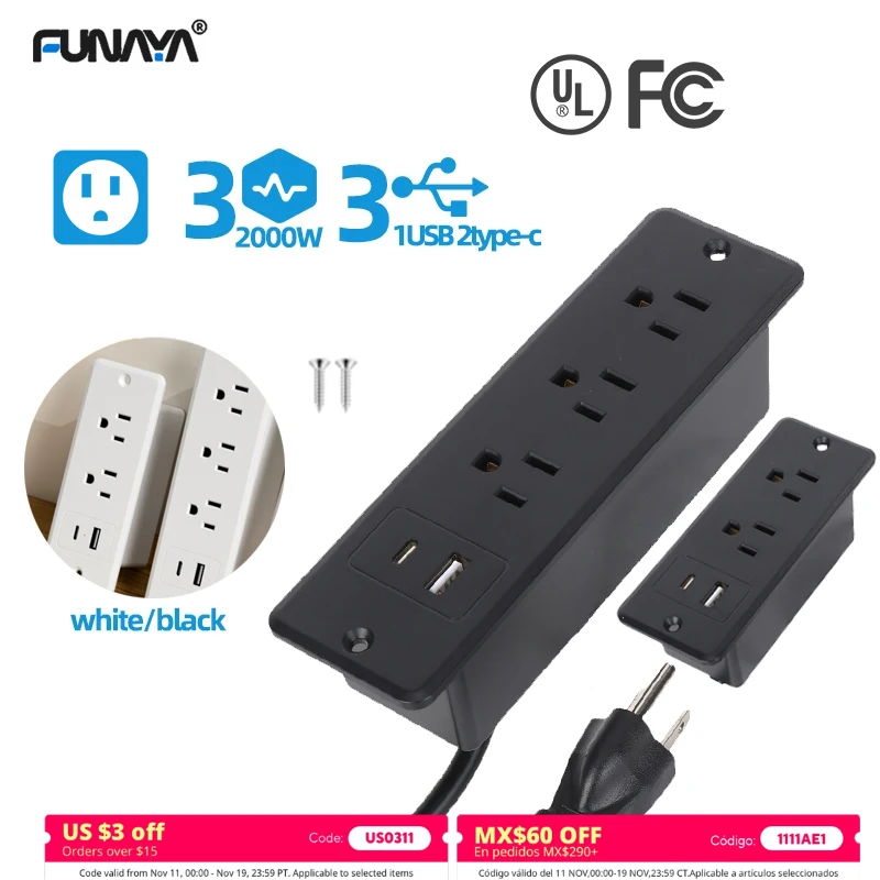 

FUNAYA US Built-in Table Socket 2 3 Outlets Recessed Desktop Power Electric Extension Sockets with USB A C Type-c for Furniture