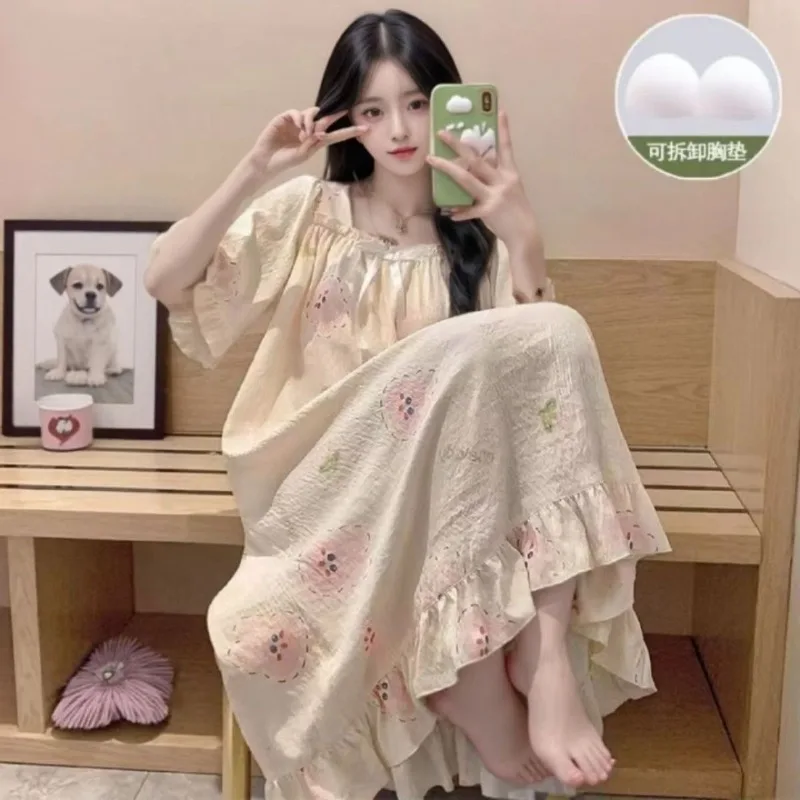 Women Nightdress Chest Pads Long-sleeve Loose-fit Sweet Sleepwear Spring Autumn Girl Student Plus Size Mid-length Home Dress