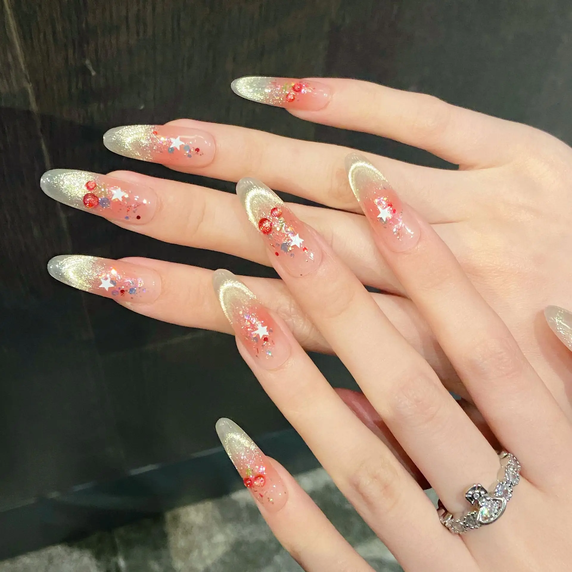 10 stks Zoete Kers Druk Op Nagels Voor Vrouwen Meisjes Glanzende Glimlach Cat's Eye Y2k Ster Handgemaakte Nep Nagels Zachte Blush Valse Nagel