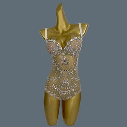 Sparkly Crystals Diamonds Bodysuit Luxury Sexy Mesh Dancer Stage Costume Night Club Bar Celebrate Women Outfit Longkui