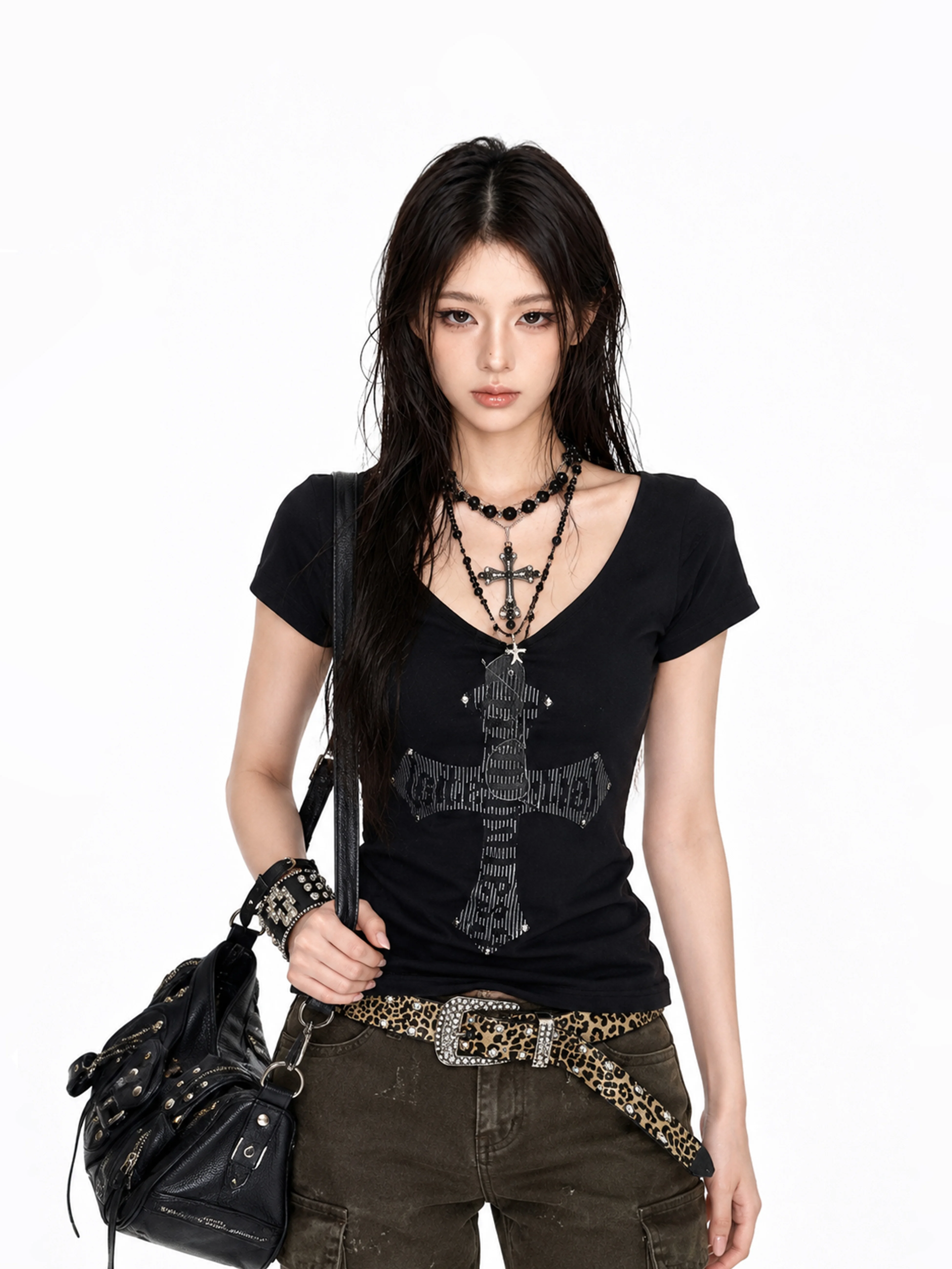 Slim Fit Short Sleeve T-Shirt Women's U-Neck Crossbody Gothic Top American Retro Style Cotton Polyester Summer Cool Wind