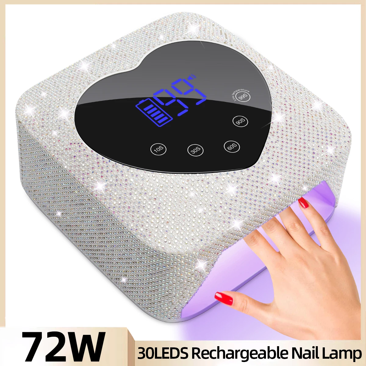 Rechargeable 72W Nail Drying Lamp With Rhinestones Wireless 30LEDS Gel Polish Drying Machine Manicure Cordless UV LED Nail Lamp