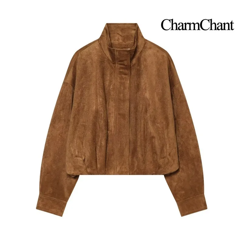 CHARMCHANT Kunstwildleder Cropped Bomberjacke mit Stehkragen und Reißverschluss, Oversized, Locker, Vintage-Oberbekleidung, Freizeitmantel für Frühling und Herbst 2026