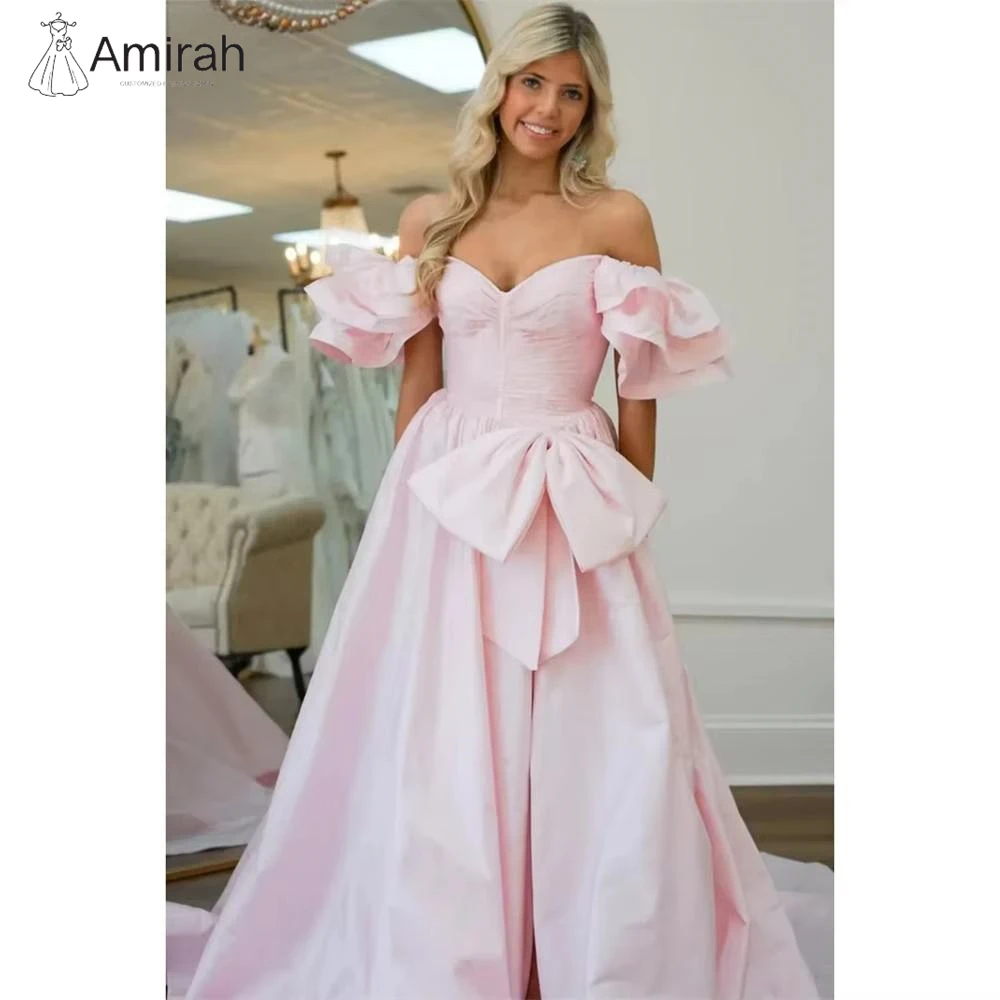 

Amirah Атласные вечерние платья трапециевидной формы для особых случаев Бальные платья на заказ Роскошное женское элегантное вечернее платье с розовым бантом