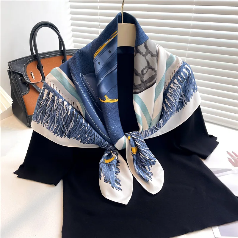 90X90cm Scarves Women Print Hair Neck Square Silk Office Shawl Bandanna Handkerchief Headcloth Foulard Female Wrap Neckerchief