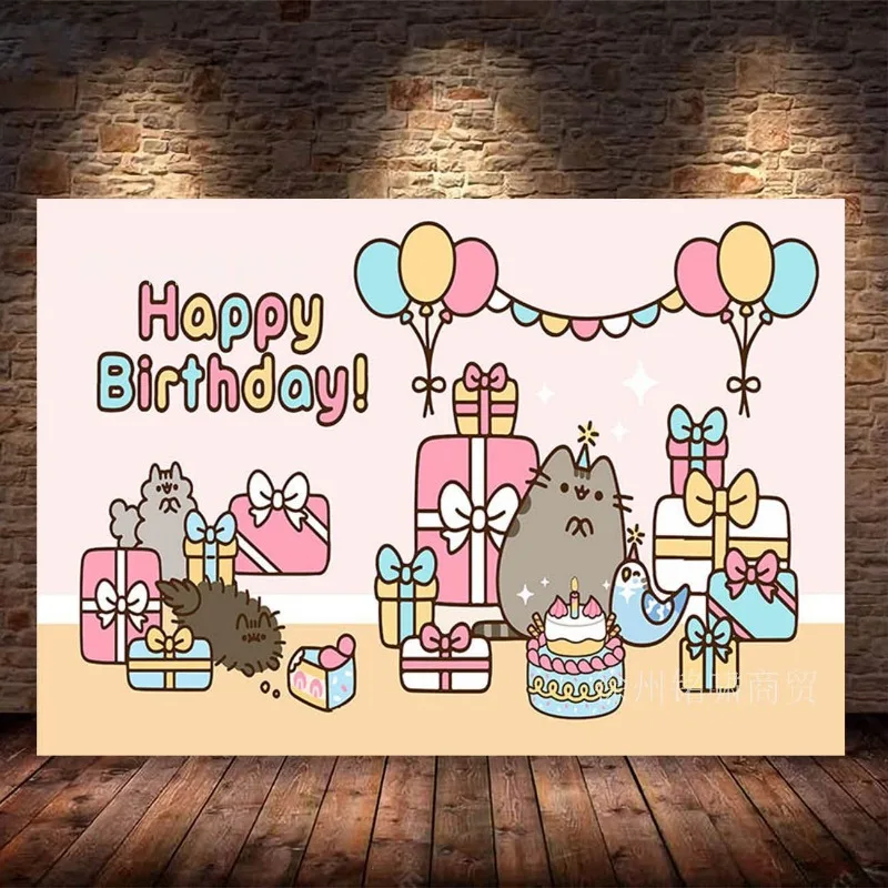 Pusheen Birthday Backgrounds Photography Backdrops Anime Fat Cats Vinyl Wall Hanging Decorations Cute Kids Party Prop Supplies