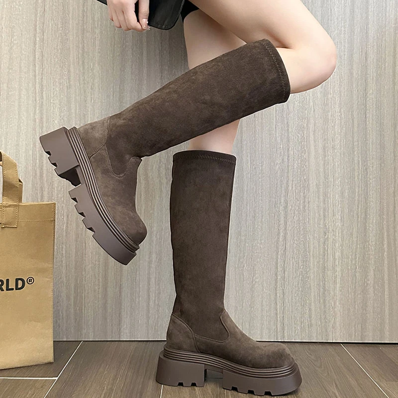 Picture 3: Winter Platform Thick Heel Woman Knee High Boot Concise Slip On Shoes Ladies Punk Style Knight Long Booties