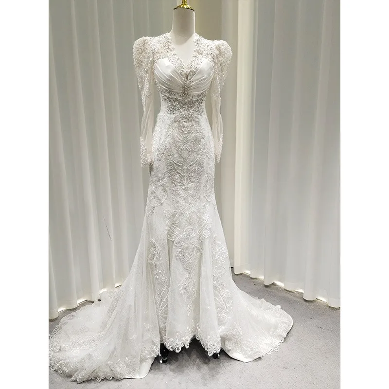 

New lace fishtail chiffon strapless main fabric dress for studio photography