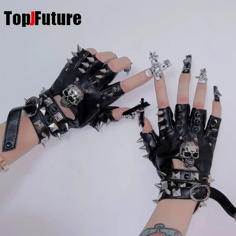 

Women Subculture Men Gothic Lolita Y2k rivet black Glove Harajuku Fingerless PU skeleton punk Heavy metal punk Y2K Girl gloves
