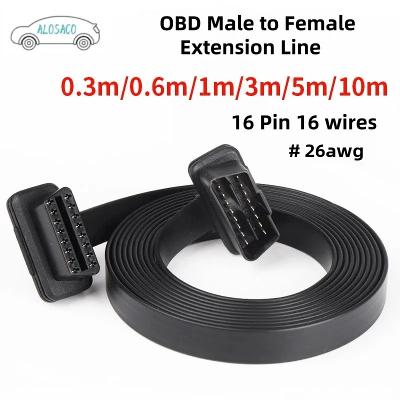 Automobile OBD2 Male to Female Extended Line Flat Line OBD Connecting Line 16 Pin Interface 16 Core Wires 0.3M/0.6M/1M/3M/5M/10M