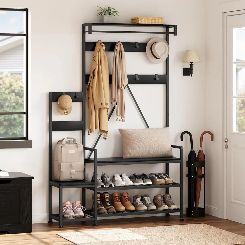 

Parent-Child Coat Rack with Bench and Shoe Storage Coat Tree Entryway Large Organizer with Shoe Rack, Hooks, and Top Shelf