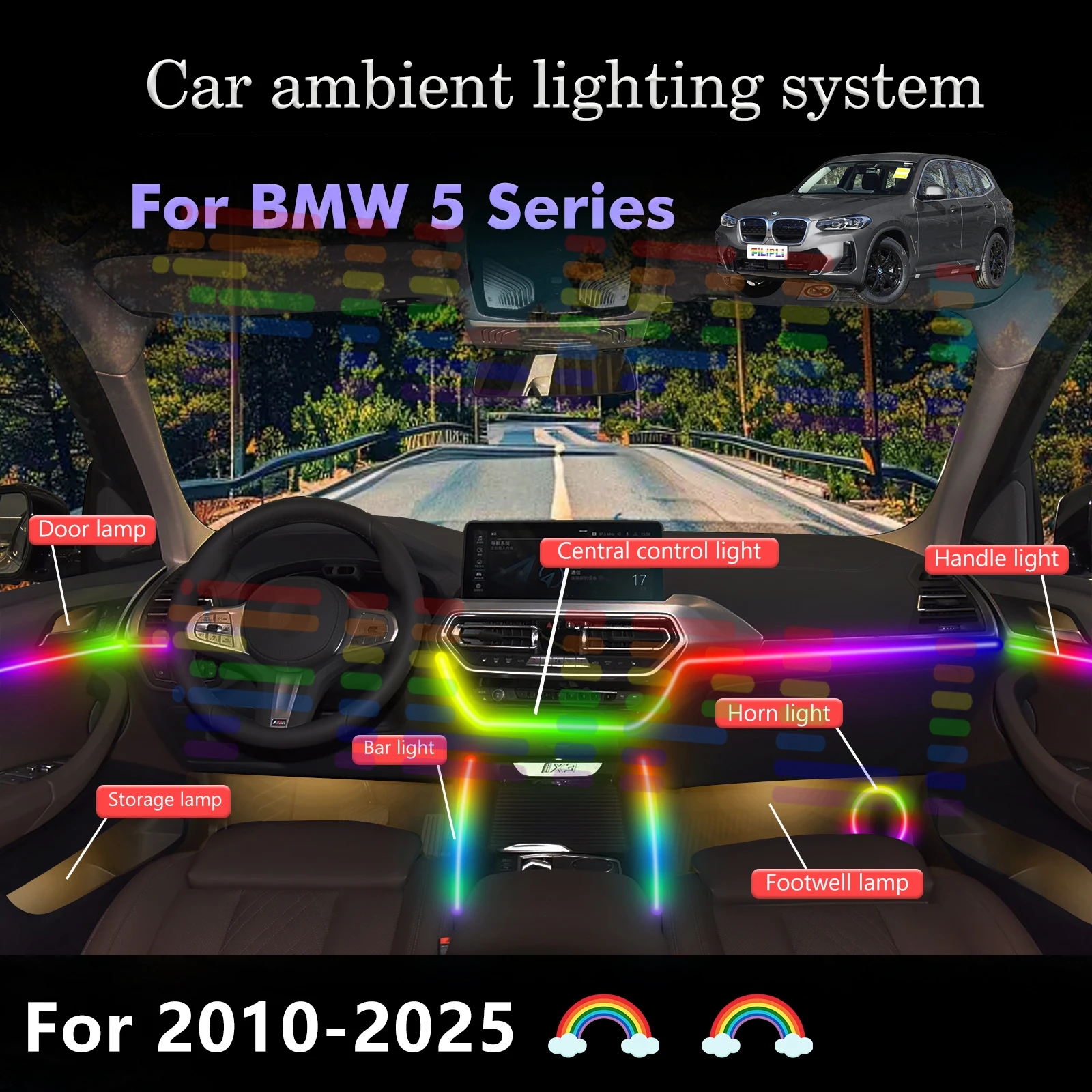 6 In1 for BMW F10‌ F18‌ G30‌ G38 Car LED Ambient Lamps Colorful Atmosphere Lights Auto Interior Neon Strip 64 RGB Lighting