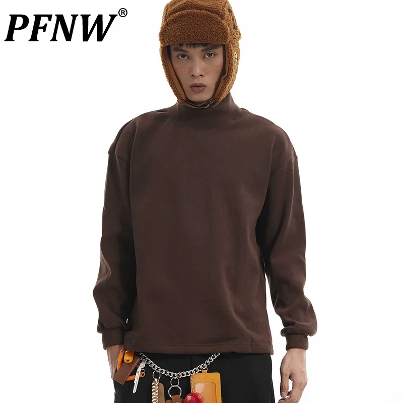 PFNW Autumn Winter Padded Mock Neck Bottoming Tops American Vintage Solid Color Men's Velvet Warm Long-sleeved T-shirt 28W5718