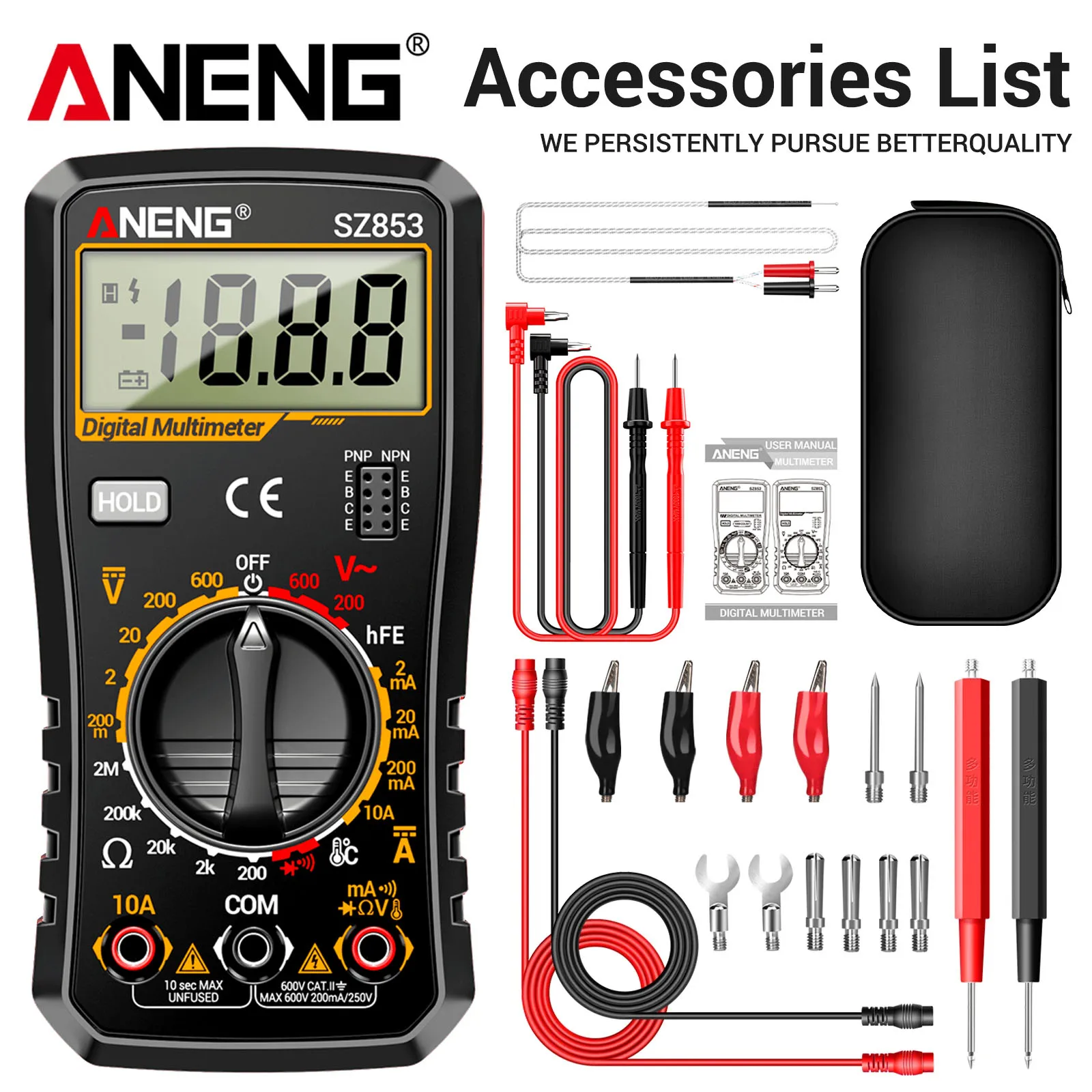 ANENG SZ853 Digitale Multimeter 600V AC/DC Temperatuurmeting HFE Transistor Diode Buzzer Data Hold Huishoudelijke Elektrische Testtool