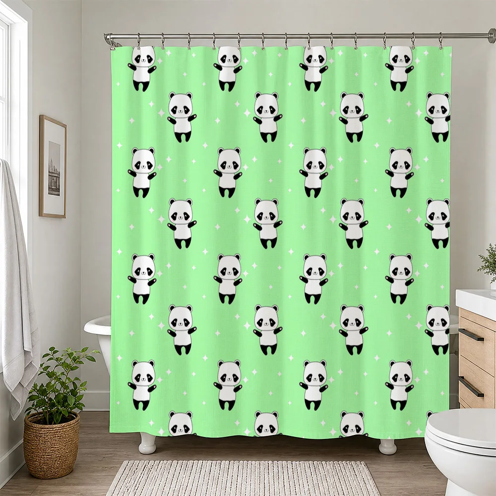 Cute Panda Shower Curtain Waterproof Bathroom Decor Green Cartoon Print Novelty Liner for Bathtub Shower Room Accessories Home D