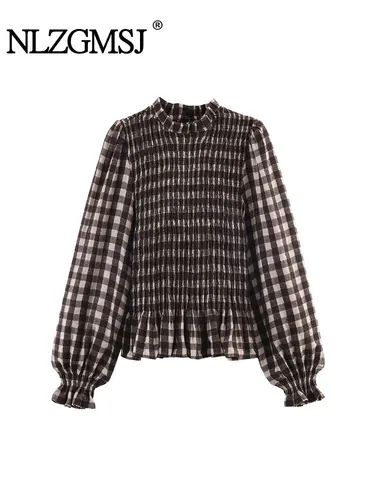 Imagen 2 del producto Nlzgmsj 2025 Camisas a cuadros marrones elegantes Vintage, blusas de manga larga para mujer, Tops elegantes informales a la moda para mujer Y2k