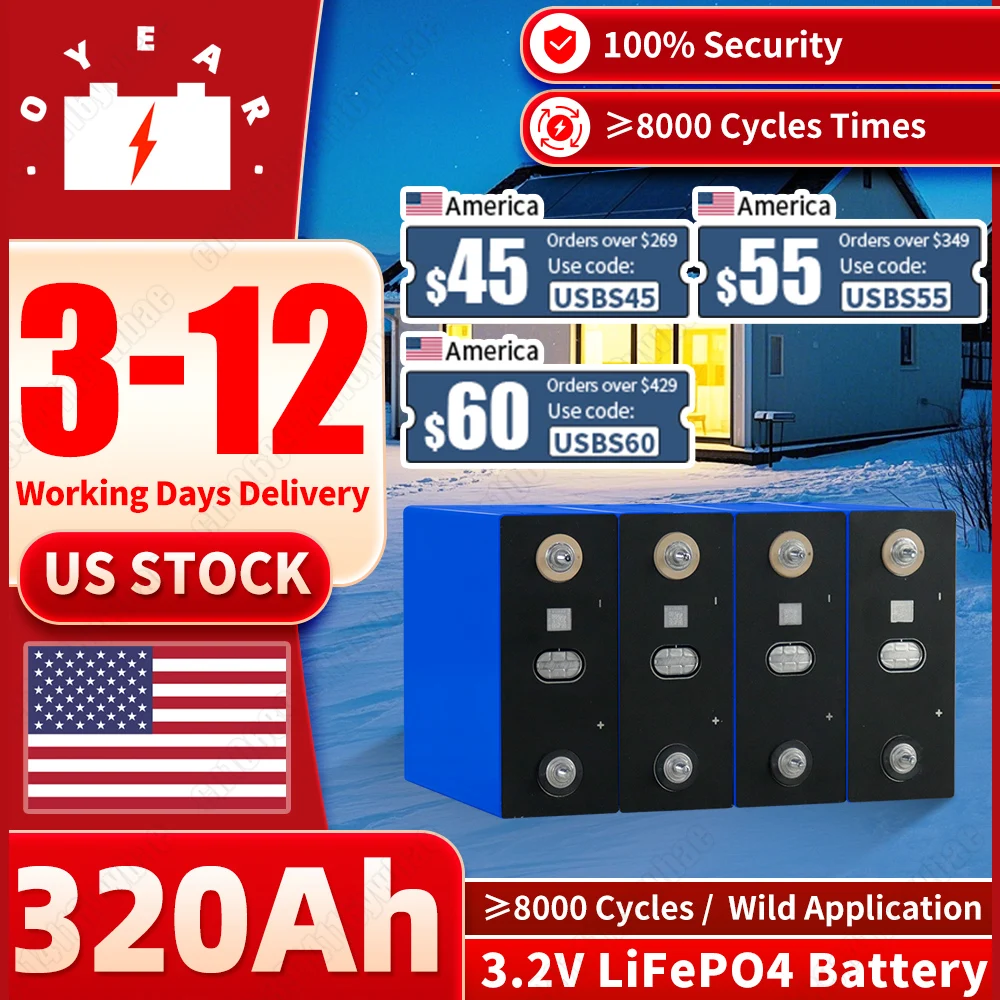 Grade A 8000 cycle 320Ah Lifepo4 Battery 3.2V Lithium iron phosphate Rechargeable Cell For DIY 12V 24V RV Solar Camping EU Stock